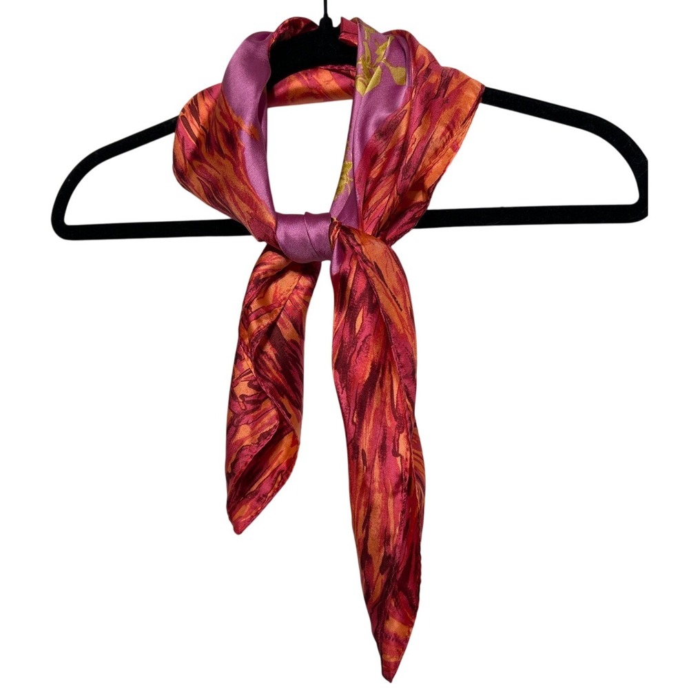 Vibrant Floral Silk‎ Scarf Women Pink Orange Purple Abstract Border